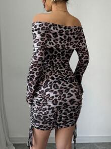 Calvaya Vestido con estampado de leopardo y hombros descubiertos (corte de estampado aleatorio) para mujer