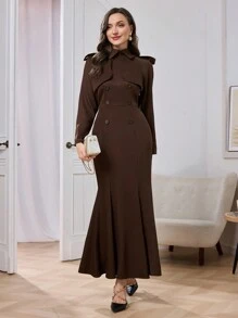 Modelyn 女士优雅束腰系腰连衣裙鱼尾长礼服，优雅场合穿着长款女士服装 - 棕色 - 查看 1