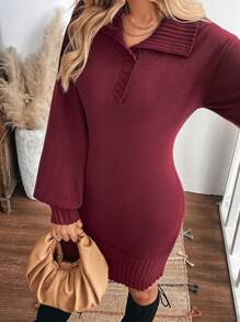 SHEIN LUNE Vestido de suéter corto de manga larga básico de unicolor burdeos, casual para otoño/invierno - Burdeos - Ver 5