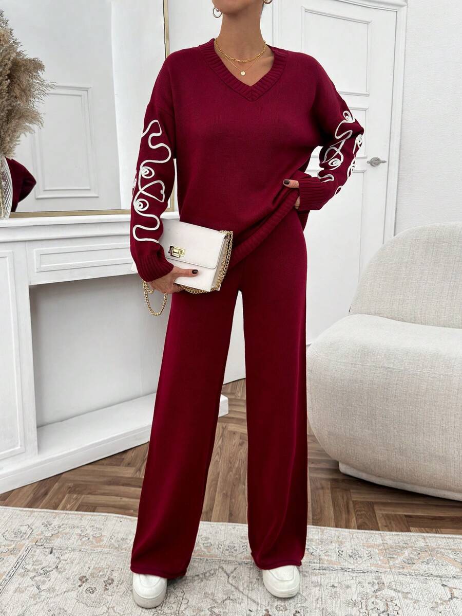 EURMUSE Women Pink Embroidery Detailed Sweater Set - Burgundy - View 1