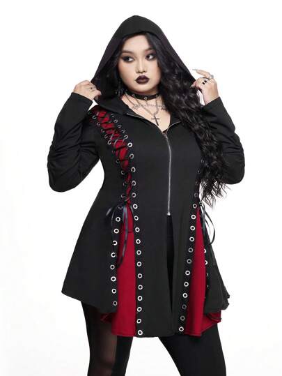 Gothic Punk Color Blocking Lace-Up Decoration Asymmetrical Hem Hoodie Sweatshirt, Plus Size