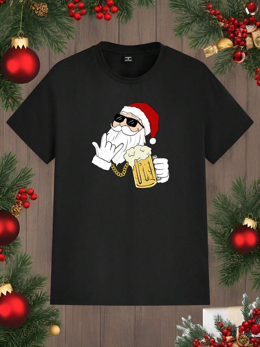 Manfinity Homme Áo thun nam cổ tròn thiết kế hình ông già Noel bia Giáng sinh màu đen đơn giản - màu đen - Xem 1