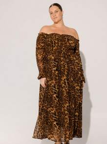 Aralina Gaun Statement Lengan Panjang Off Shoulder Motif Leopard Ukuran Plus dengan Potongan Melengkung - Coffee Brown - View 6