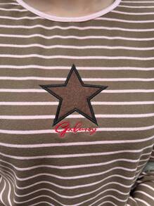 FRIFUL Camiseta casual de ajuste delgado con rayas y bordado de estrellas para mujer, otoño
