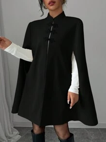 Selianne 优雅立领拼色中国风纽扣装饰斗篷长袍女士加厚秋冬披肩连衣裙外套女冬装 - 黑色 - 查看 6