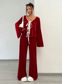 SHEIN EZwear 2pcs New Year Women Velvet Tie Front Long Sleeve Top And Pants Set