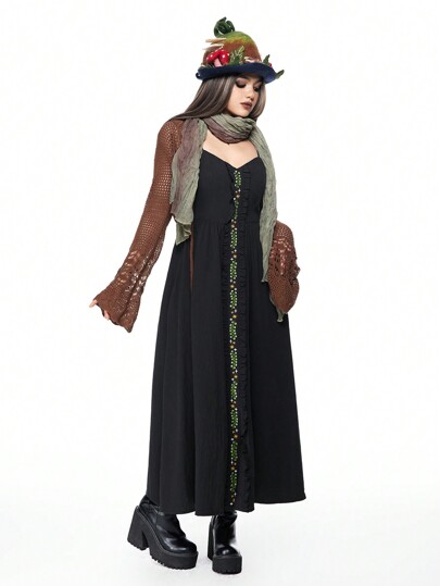 Fairycore Blatt & Mond Stickerei Damen Lässig Ärmellos Midi-Kleid