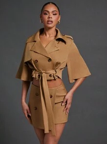 Hauture Women's Solid Color Double Breasted Belted Casual Lightweight Jacket - Khaki - View 6