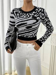 Chiquease Women Casual Patchwork Leopard Zebra Striped Pattern Fitted Cropped Pullover Sweater Knit Pullover Fall Winter - Black and White - View 3
