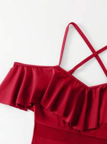 SHEIN Swim 1pc Women's Ruffled Cold-Shoulder Halter One-Piece Swimsuit Red Swimsuit Summer - Red - View 4