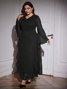 Modelyn Plus Size Women's Draped Neck Long Sleeve Solid Color Seaweed Striped Elegant Party Dress, Elegant A Line Maxi Length Dresses, For Evening Party/Wedding Guest/Anniversary - Black - View 4