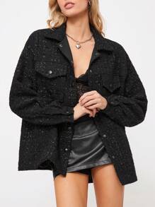 SHEIN EZwear Áo khoác hoodie midi rộng rãi màu đen trơn đơn giản dành cho nữ, phù hợp cho mùa thu và đông - màu đen - Xem 1