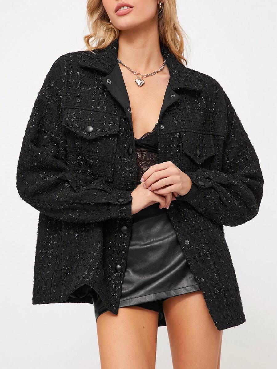 SHEIN EZwear Áo khoác hoodie midi rộng rãi màu đen trơn đơn giản dành cho nữ, phù hợp cho mùa thu và đông - màu đen - Xem 1