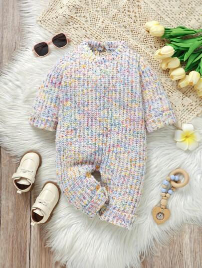 SHEIN Conjunto de moda esencial para bebés niñas: Mono de punto, mono de una pieza de manga larga con cuello redondo retro, diseñado con hilo punteado de moda para un único, aporta calidez y ternura a tu pequeña