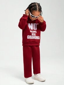 SHEIN Set de ținute pentru băieți, 2 bucăți, include hanorac cu mânecă lungă cu imprimeu grafic și pantaloni cu talie elastică de culoare uni, ocazional și la modă pentru copii mici, potrivit pentru călătorii și vacanțe, toamnă/iarnă - Burgundia - Vizualizare 4