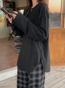 DAZY 女士休闲纯色落肩宽松长袖 T 恤，秋冬 - 黑色 - 查看 2