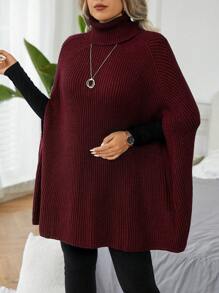 Calvaya 大码纯色高领罗纹插肩袖优雅套头毛衣，冬季秋季针织套头衫 - 酒紅色 - 查看 5