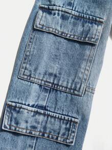 SHEIN Young Girl' Casual Side Pocket Detail Washed Straight Leg Jeans - Medium Wash - View 3
