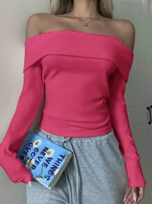 SHEIN EZwear Áo thun hở vai bó màu hồng cánh sen dành cho nữ - Màu Hồng Tươi - Xem 6