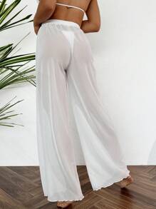 SHEIN Swim Quần Palazzo ống rộng cạp chun màu trơn cho nữ đi nghỉ mát mùa hè - Màu be - Xem 2