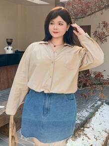 Dazy Plus ملابس علوية كاجوال فضفاض بياقة مفتوحة بلون أحادي، طراز موضة بسيط للربيع والصيف والخريف والشتاء، ملابس نسائية بأكمام طويلة - بني فاتح - مشاهدة 1