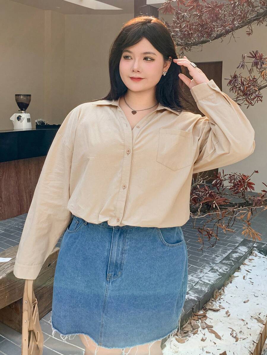 Dazy Plus ملابس علوية كاجوال فضفاض بياقة مفتوحة بلون أحادي، طراز موضة بسيط للربيع والصيف والخريف والشتاء، ملابس نسائية بأكمام طويلة - بني فاتح - مشاهدة 1