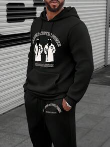 Manfinity EMRG Bộ 2 món/Bộ áo hoodie dài tay in khẩu hiệu cỡ lớn cho nam & quần nỉ cạp rút dây Bộ đồ thể thao thường ngày, mùa thu - màu đen - Xem 2