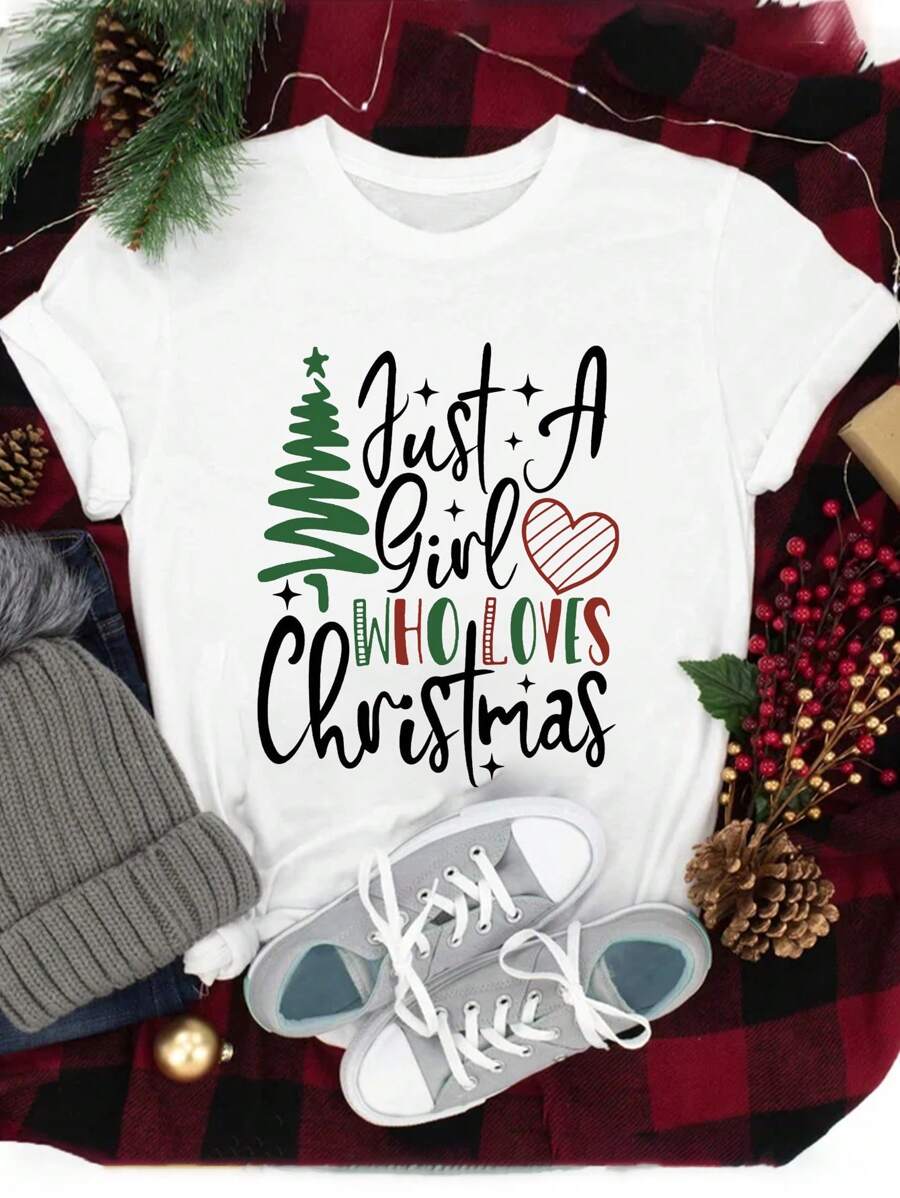 SHEIN LUNE 圣诞节休闲印花圆领短袖 T 恤，适合送礼图案 T 恤女式上衣 - 白色 - 查看 1