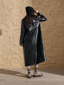 VARSITIE Solid Color Stand Collar Long Sleeve PU Leather Long Women Sports Jackets - Black - View 2