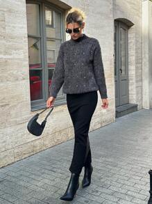 EURMUSE Women's Loose Fit High Neck Rhinestone Embellished Long Sleeve Fuzzy Sweater - Black - View 4