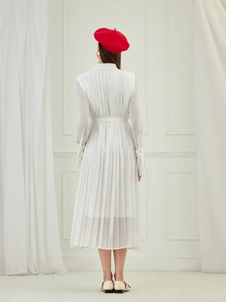 New  Winter Products,Women Lapel Pleats  Long Sleeve Waist Strap Elegant Dress,Winter Women Dress,Christmas Women Clothes,Party Women Dresses,New Years Dress,White Dress