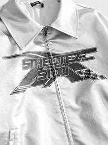 Manfinity VCAY Męska luźna kurtka ze skóry PU z nadrukiem atramentowym i długim rękawem w języku angielskim, lekka kurtka typu Going Out Vintage Silver Graphic, dla przyjaciół, męża, chłopaka