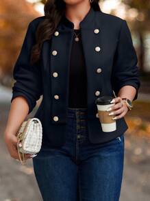 Calvaya Plus Size Casual Solid Color Double Breasted Jacket, Autumn/Winter