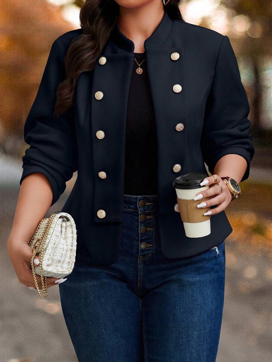 Calvaya Plus Size Casual Solid Color Double Breasted Jacket, Autumn/Winter