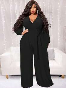 Plus Size Women Wrap V-Neck Knotted Lantern Sleeve Jumpsuit Black Spring - Black - View 7