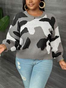 Slaydiva Casual Plus Size Women Camouflage Pattern Pullover Sweater, Olive Green - Grey - View 5