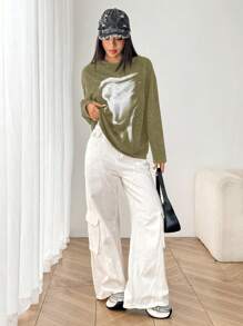 SHEIN EZwear Camiseta de manga larga con cuello redondo y efecto lavado ácido para mujer - Verde militar - Ver 6