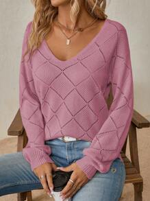 SHEIN LUNE Solid Pointelle Knit Sweater - Purple - View 6