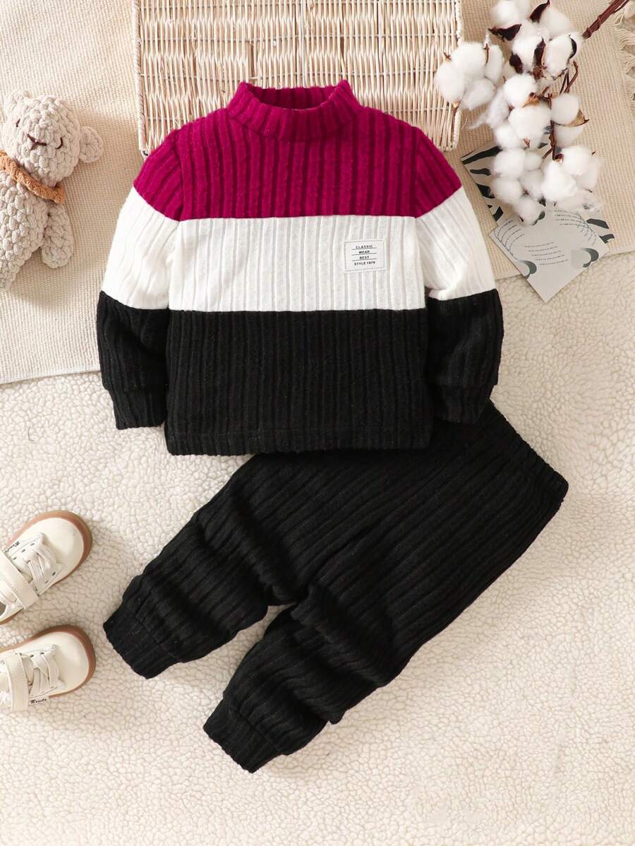 SHEIN Playful Pals 男婴拼色贴花领长袖上衣和纯色裤子两件套服装,秋冬 - 彩色 - 查看 1