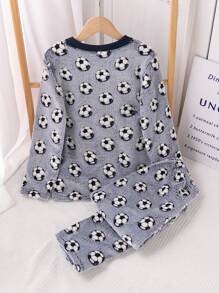 2件套青少年男童休闲足球图案长袖上衣和裤子家居服套装，灰色 - 寶藍色 - 查看 2