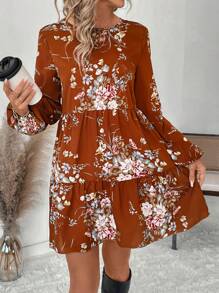 SHEIN Clasi 女士花卉印花长袖迷你连衣裙，秋季