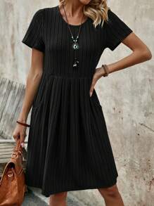EMERY ROSE Women's Round-Neck Short-Sleeve  Green Mid-Length Dress For The Summer - Black - View 6