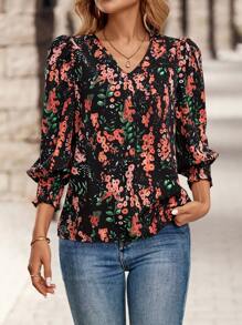 EMERY ROSE Women's Loose Floral Print V-Neck Balloon Sleeve Shirt, Vacation Style, Spring & Autumn