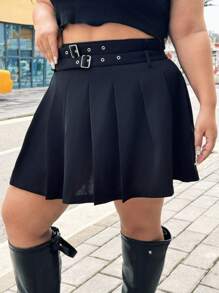 Flirla Falda plisada de línea A de unicolor y minimalista en talla grande, para uso casual diario - Negro - Ver 5