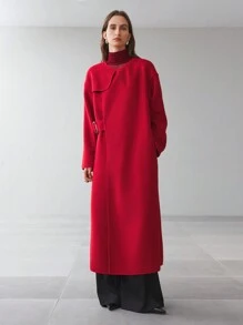 Ontre Women's 2025 Spring New Arrivals Long Round Neck Double-Sided Overcoat, Women Woolen Coat, Double-Faced Fabric Red 50cm Long Fashionable Overcoat, Round Collar Long Sleeve With Real Pockets, Casual Outfit