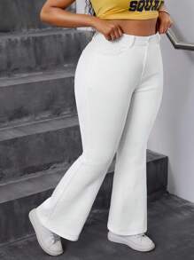 Slaydiva Calça jeans feminina plus size branca extra longa slim fit stretch flared