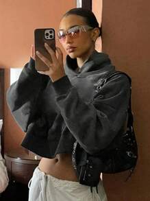 SHEIN ICON 女士秋冬落肩长袖短款休闲连帽衫 - 灰色 - 查看 3