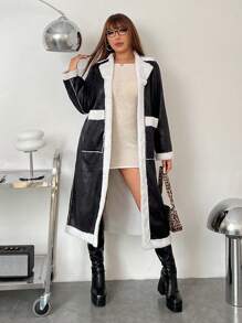 SHEIN EZwear Plus Size Color Block Long Jacket For Autumn/Winter