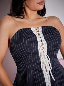 SHEIN SXY Plus Size Women 2Pcs Navy Blue Stripe Shirting Set,Classy Adjustable Drawstring Top & High Waist A-Line Mini Skirt,Summer Party Siren Outfit - Blue - View 6