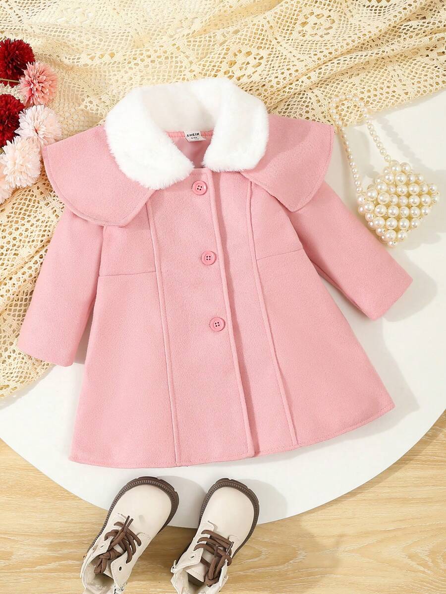 SHEIN 女婴婴儿保暖羊毛领长袖中长外套夹克，粉色，优雅日常穿着，秋冬新品 - 粉色 - 查看 1